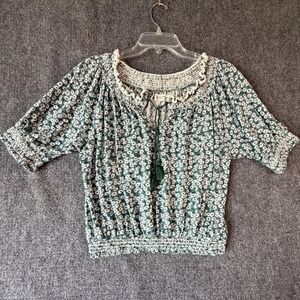 Lucky Brand Floral Print Smocked Tassel Top‎ Green White Blouse